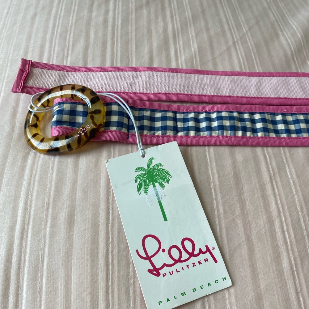 LILLY PULITZER Tortoise Shell Blue Gingham Belt NWT